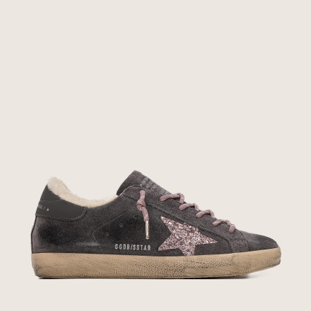 Зимние Golden Goose Super Star / Замша серая / розовая зв