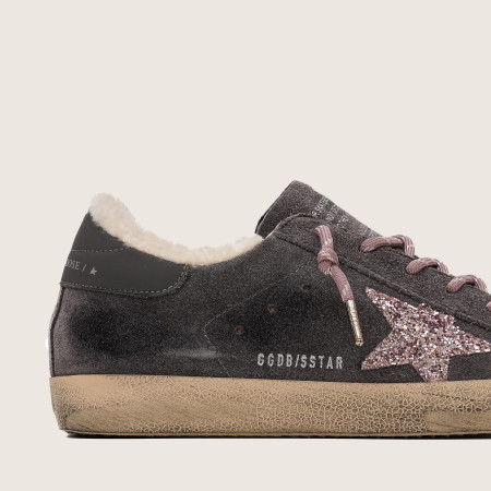 Зимние Golden Goose Super Star / Замша серая / розовая зв